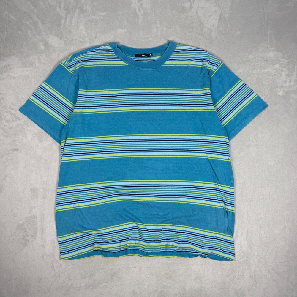 Y2K Mens Obey Striped Streetwear Skater Tee Blue Medium